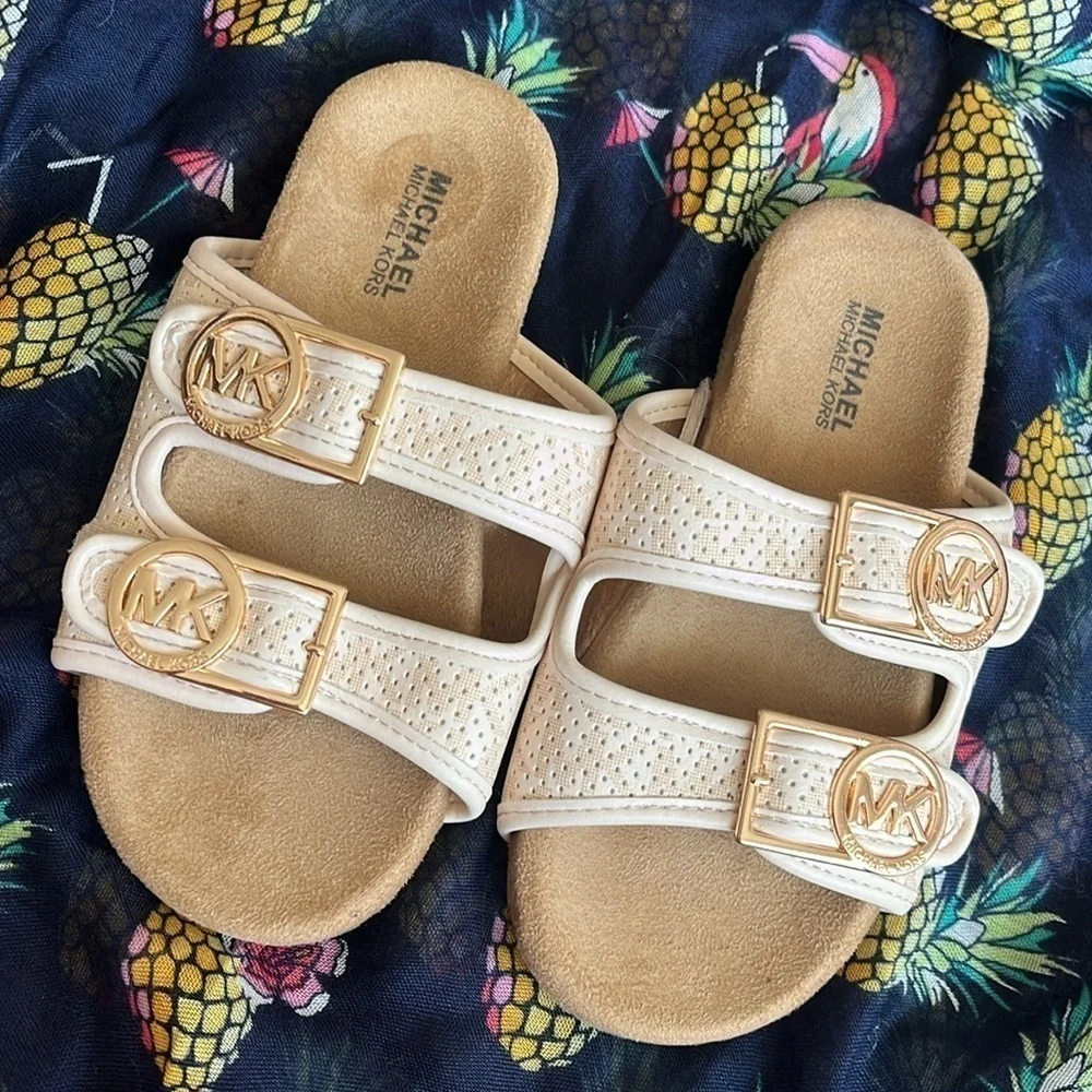 Brand New Michael Kors Zoria Adjustable Strap Slides Sandals Blush Gold Tone